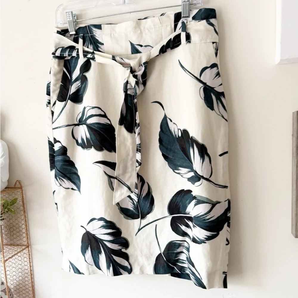 Ann Taylor Ivory Teal Leaves Linen Blend Tie Waist Pencil Skirt Size 8 Petite - Picture 7 of 16